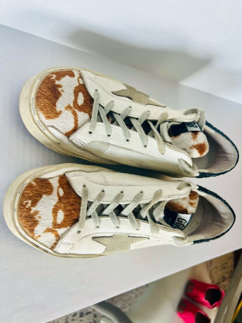Golden Goose White Leopard Print Star Sneakers with Black Glitter Heel - Picture 3 of 5
